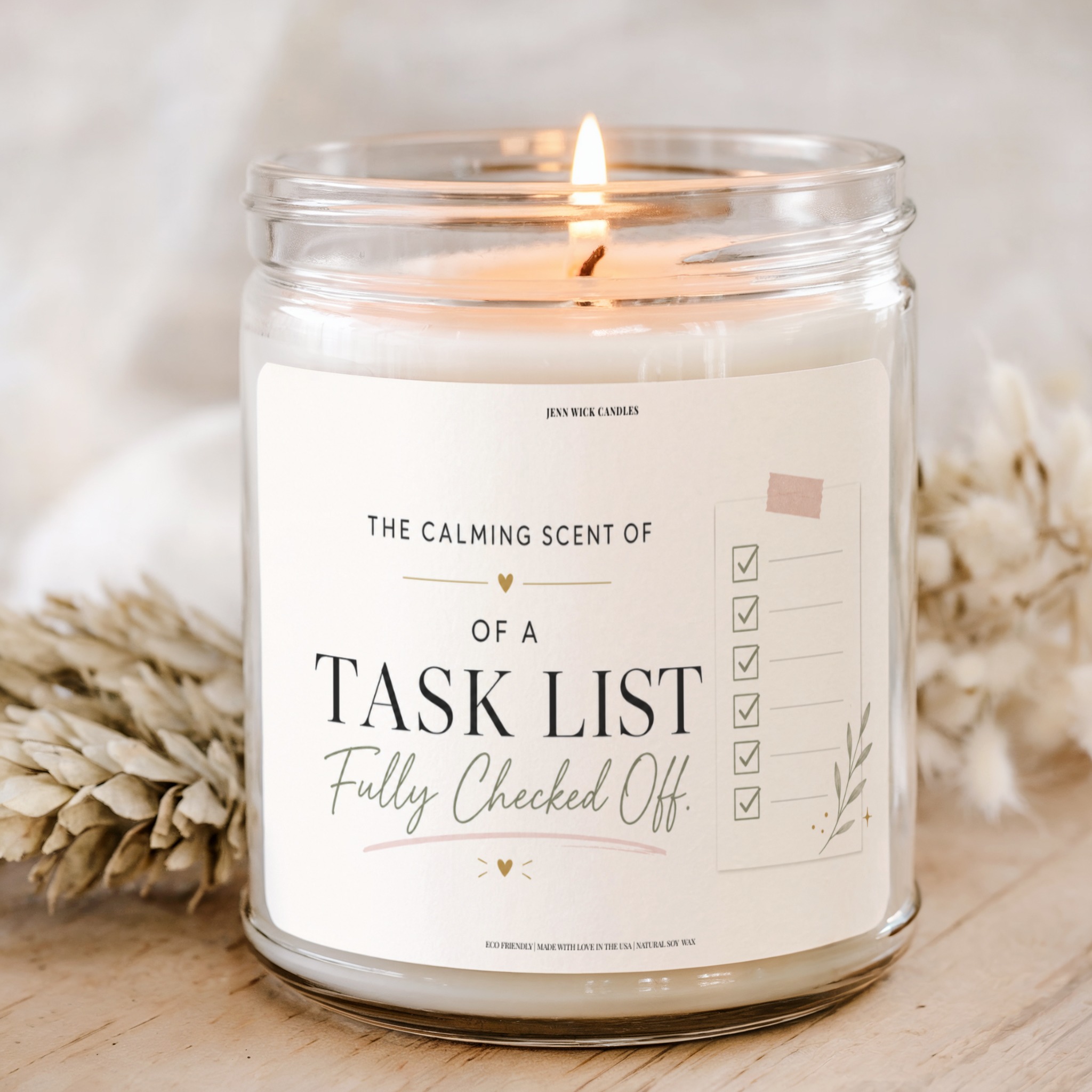 Funny Productivity Candle Gift - Task List Checked Off 1 Funny productivity candle gift with task list checked off label in clear glass jar