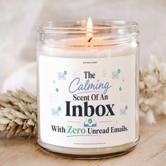 Inbox Zero candle gift with The Calming Scent of No Unread Emails label in clear glass jar