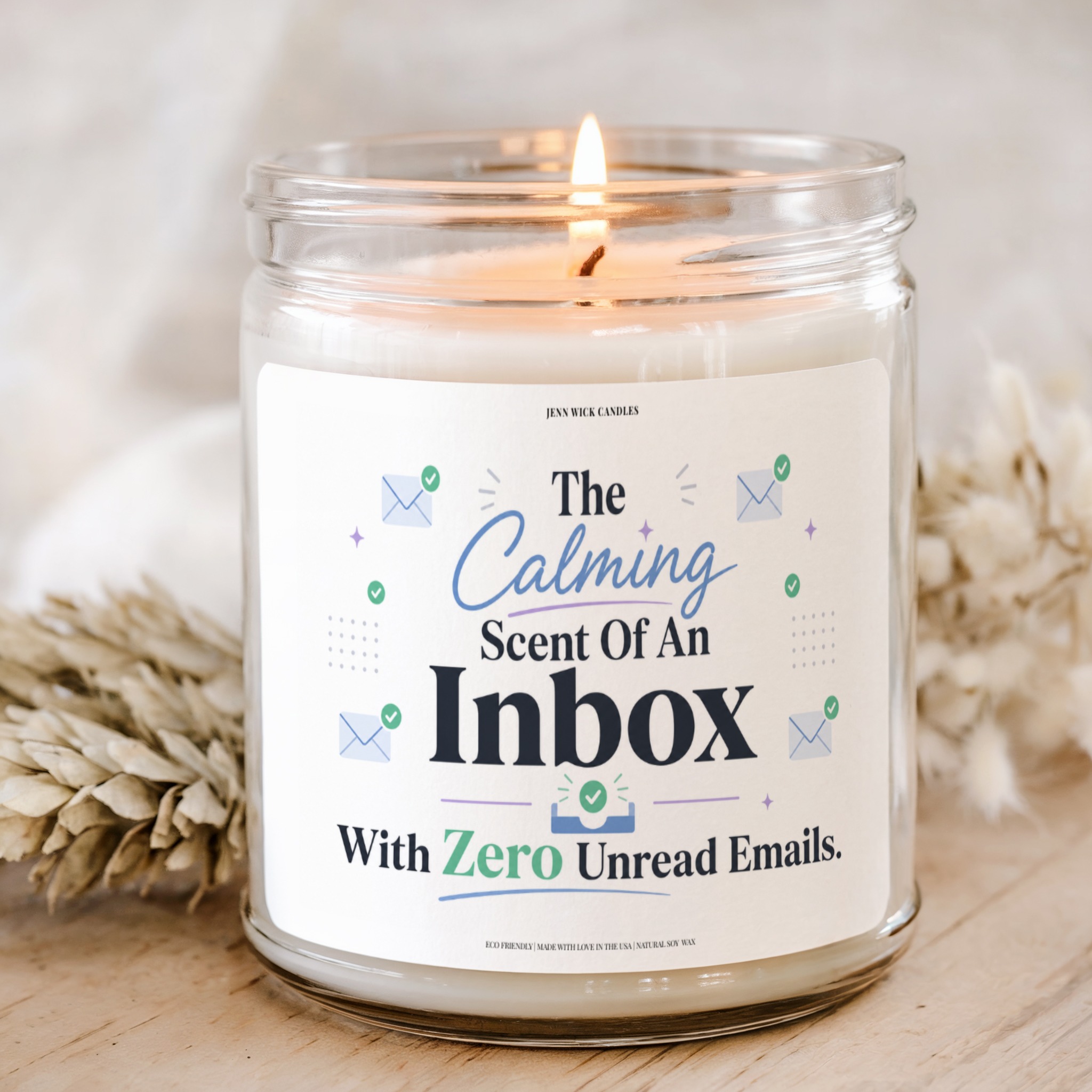 Inbox Zero Candle 1 Inbox Zero candle gift with The Calming Scent of No Unread Emails label in clear glass jar