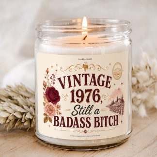 Vintage 1976 Still a Badass Bitch 50th birthday candle gift in clear glass jar