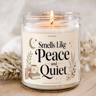 Smells Like Peace and Quiet candle with soft moon, stars, botanicals, mug, book, blanket, and clear glass candle artwork for a cozy self-care gift