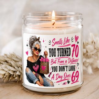 Turned 70 Don?t Look It 70th birthday candle gift in clear glass jar