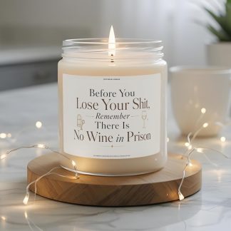 Funny adulting candle gift with No Wine in Prison label in clear glass jar