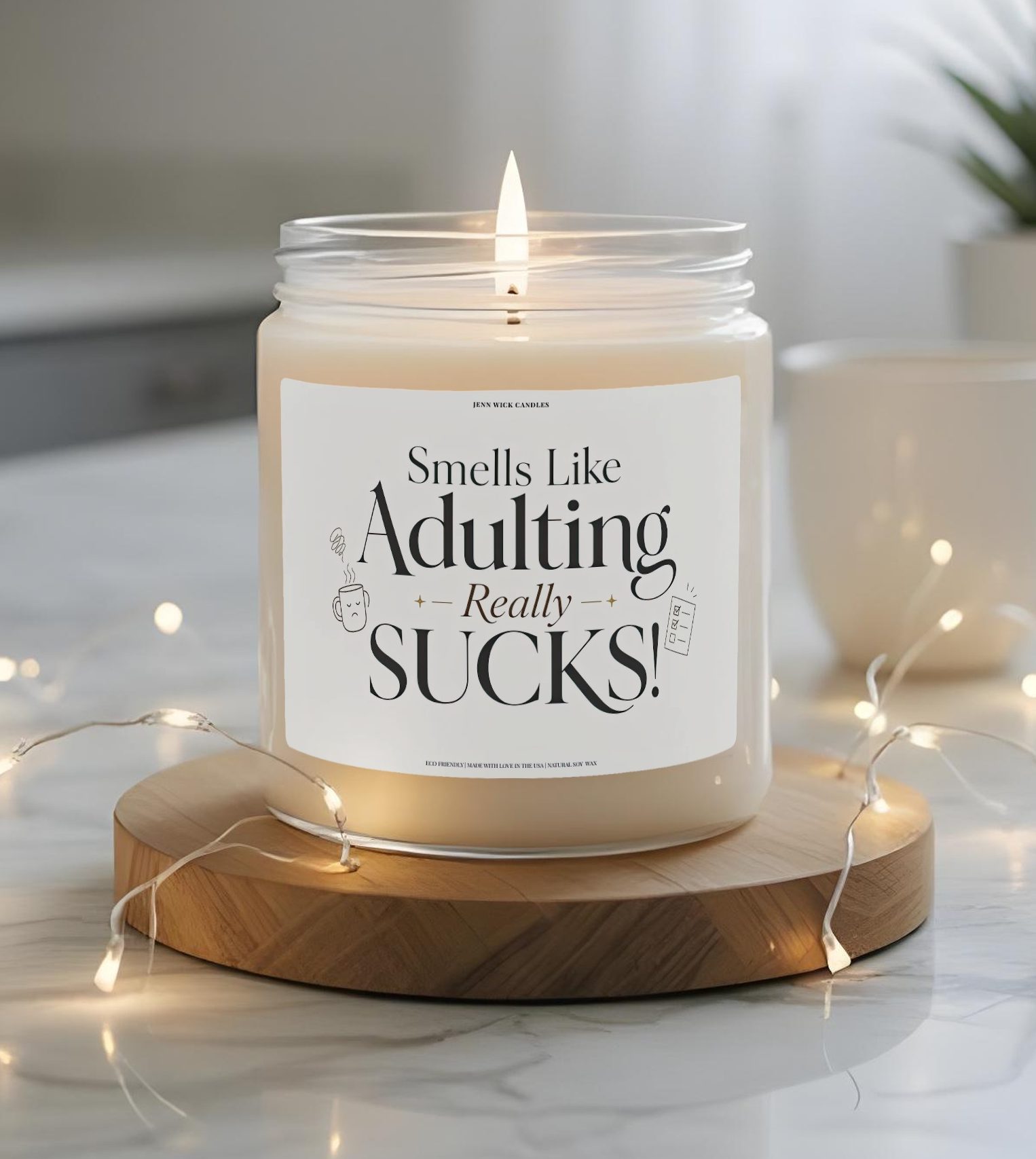 Smells Like Adulting Really Sucks Candle 1 Funny “Smells Like Adulting Really Sucks” 9 oz soy candle label with elegant black typography, tired mug illustration, checklist icon, and minimalist white design.